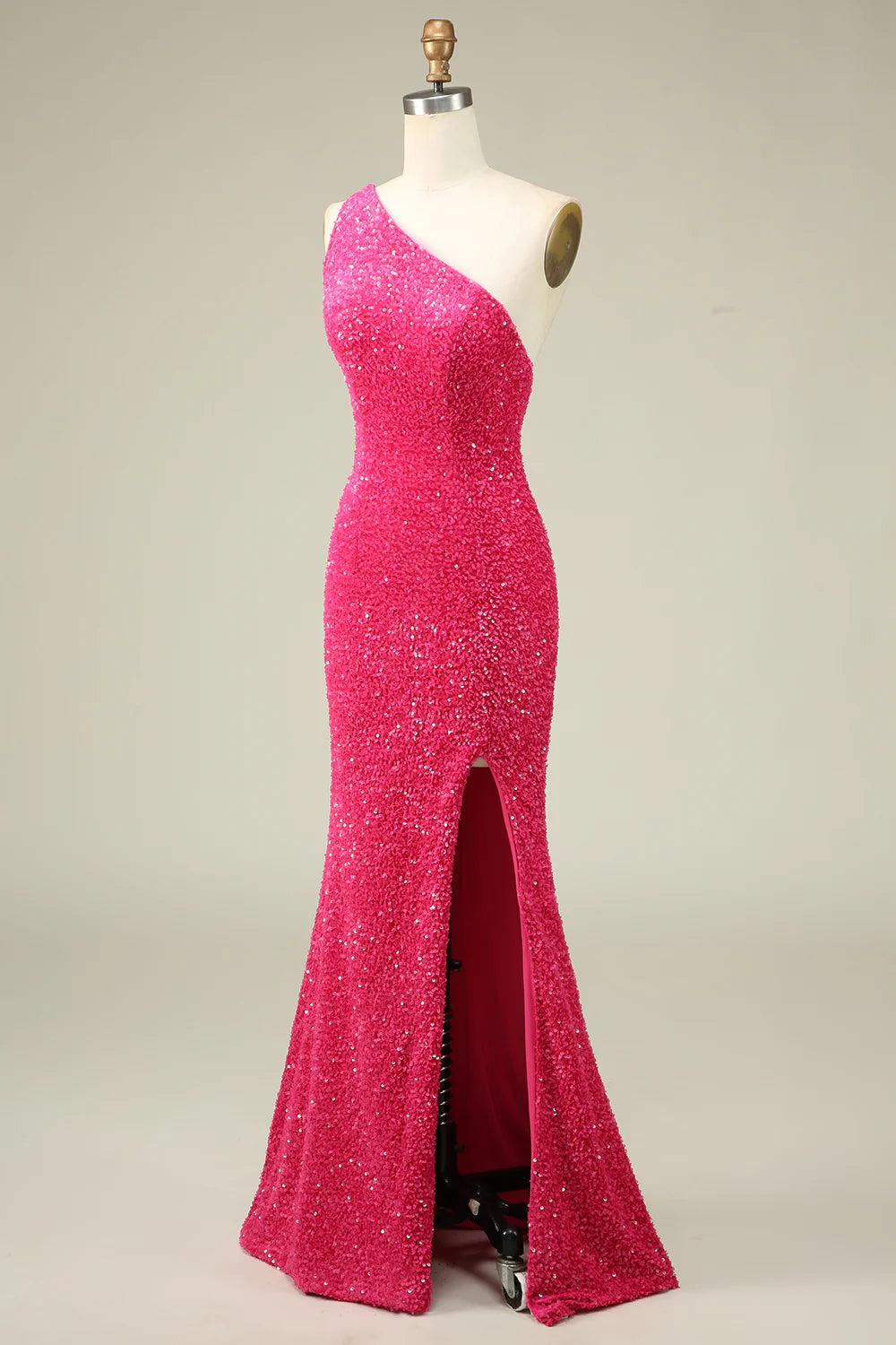 Amzcw Mermaid One Shoulder Fuchsia Sequins Long Prom Dress with Split Front