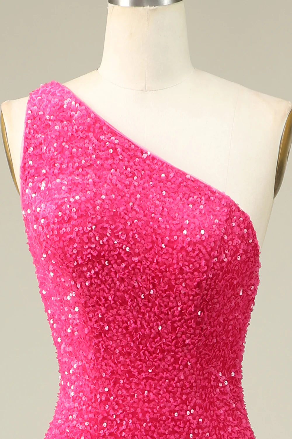 Amzcw Mermaid One Shoulder Fuchsia Sequins Long Prom Dress with Split Front