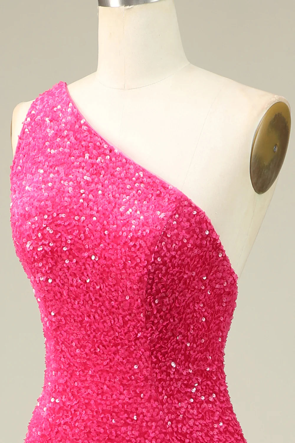 Amzcw Mermaid One Shoulder Fuchsia Sequins Long Prom Dress with Split Front