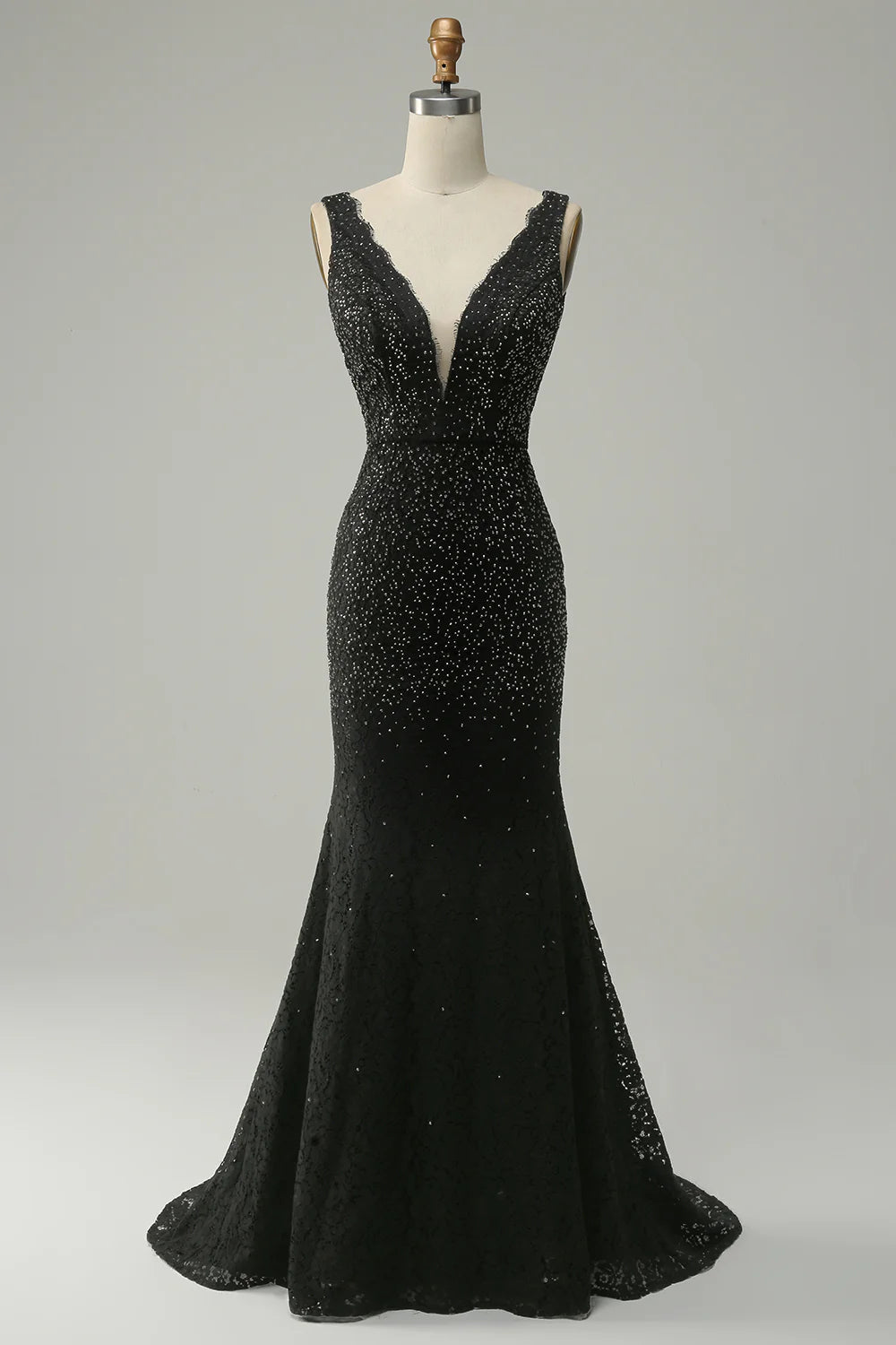 Mermaid Deep V Neck Black Lace Long Prom Dress with Beading