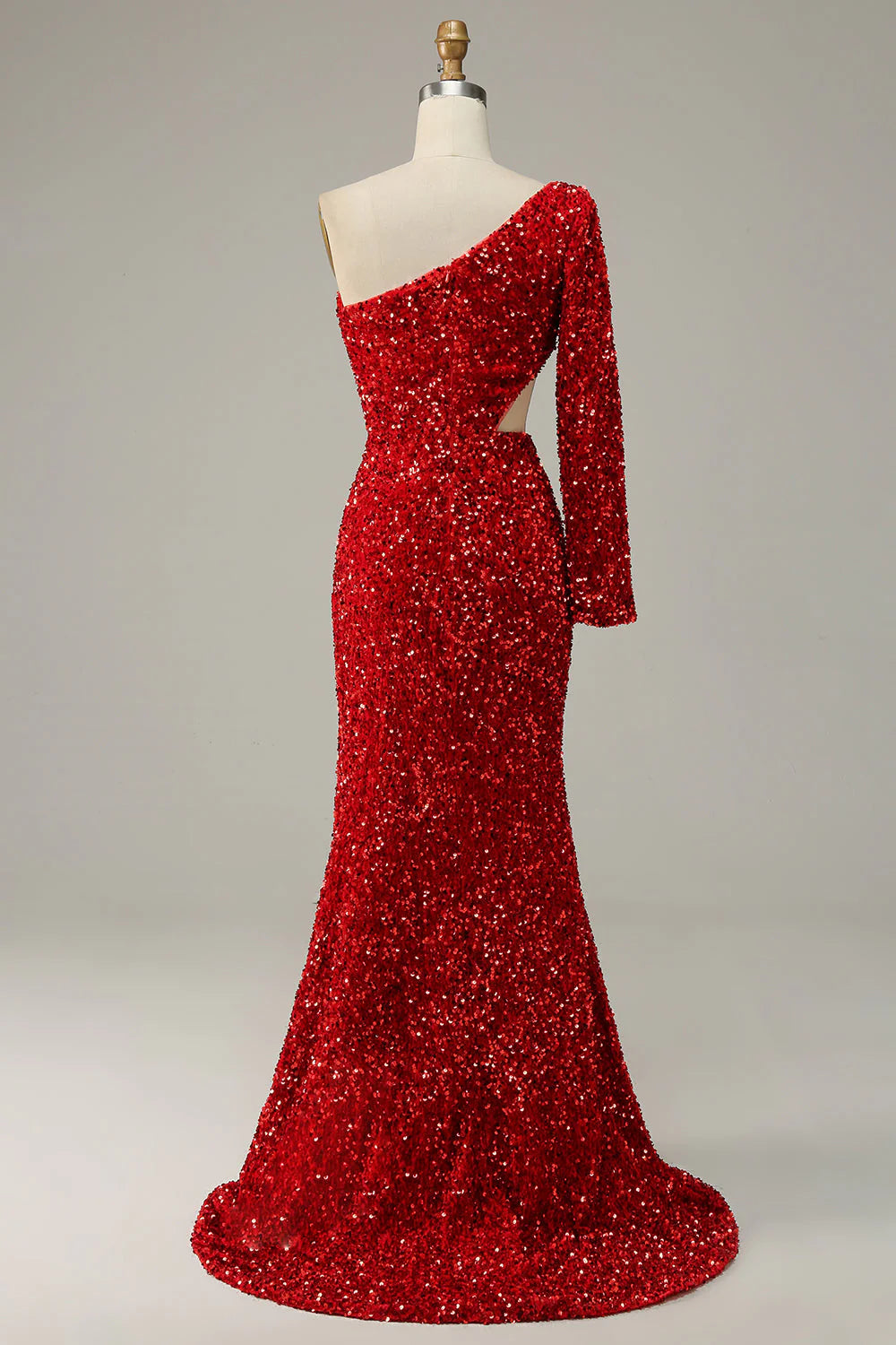 Amzcw Red Mermaid One Shoulder Sequins Cut Out Prom Dress with Slit Front prom dresses with long sleeves