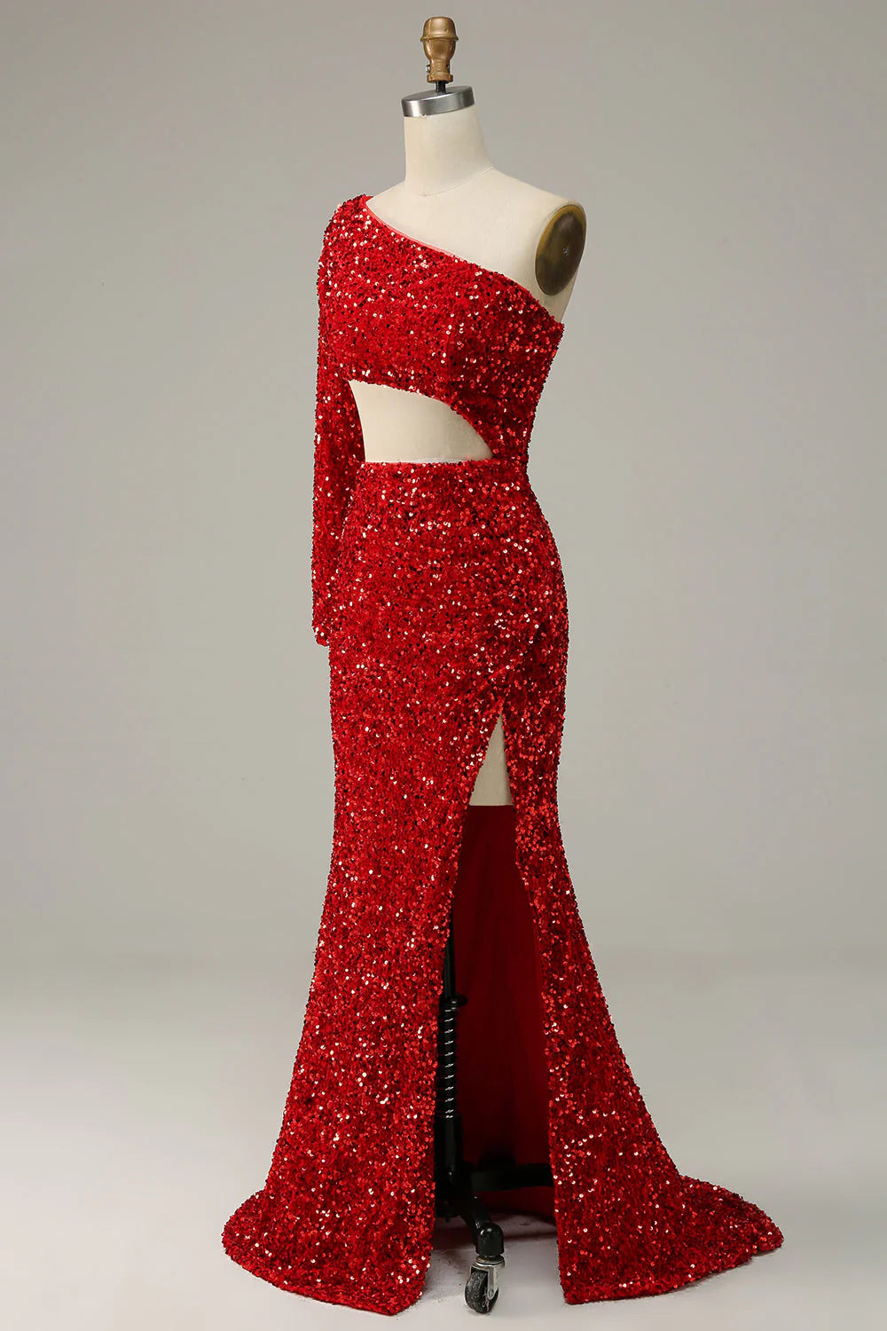 Amzcw Red Mermaid One Shoulder Sequins Cut Out Prom Dress with Slit Front prom dresses with long sleeves
