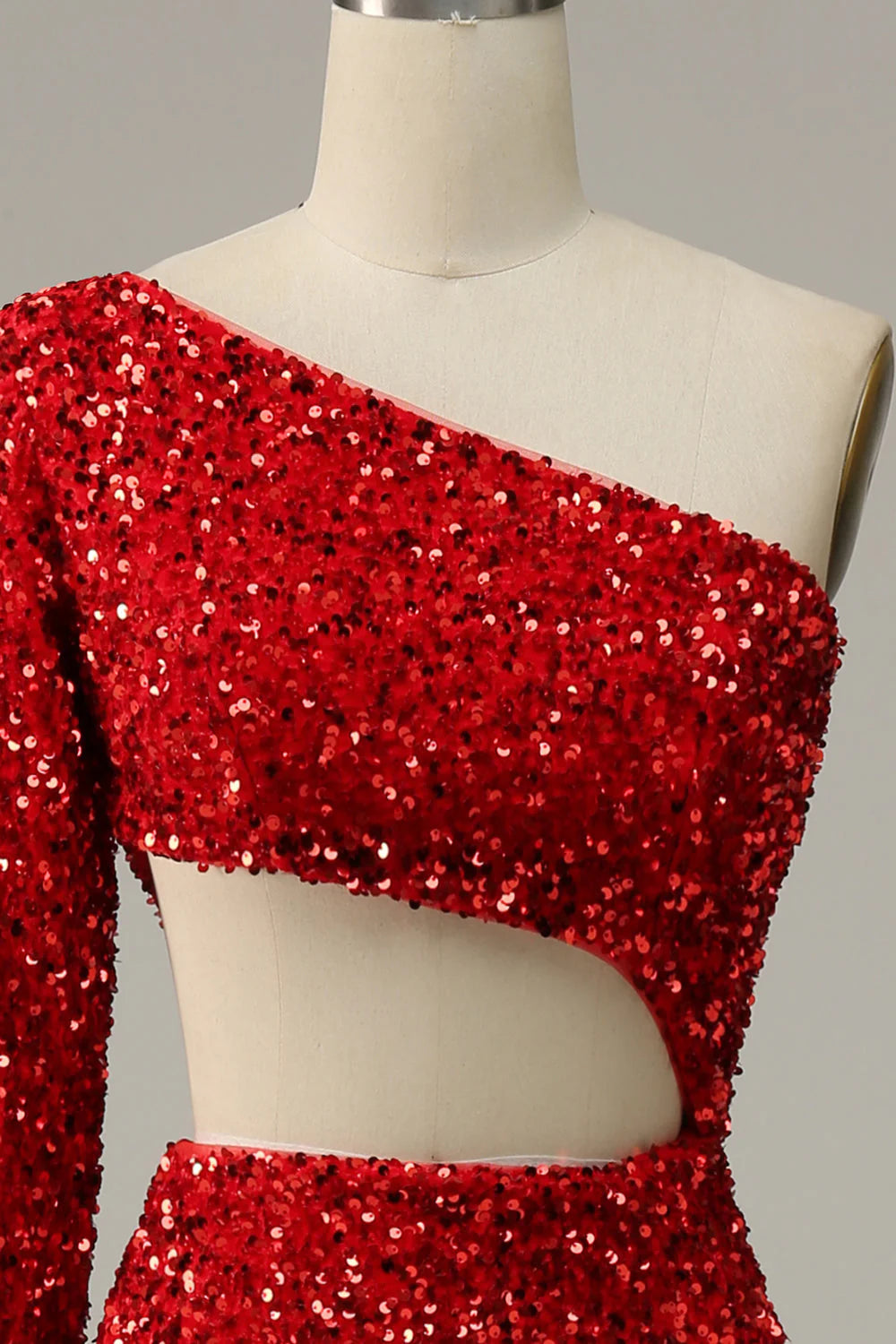 Amzcw Red Mermaid One Shoulder Sequins Cut Out Prom Dress with Slit Front prom dresses with long sleeves