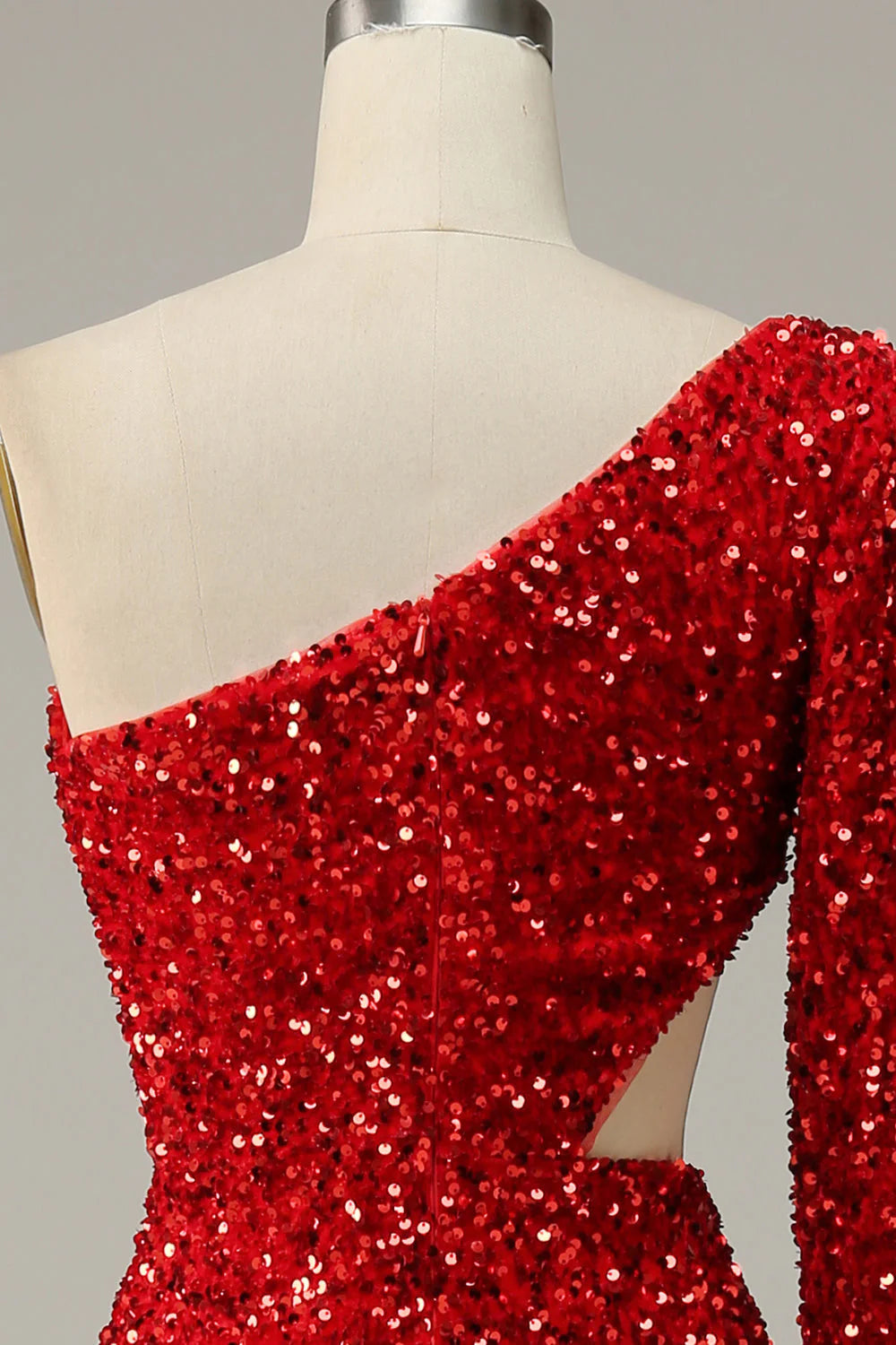 Amzcw Red Mermaid One Shoulder Sequins Cut Out Prom Dress with Slit Front prom dresses with long sleeves