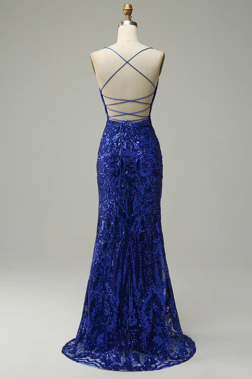Amzcw Mermaid Spaghetti Straps Royal Blue Sequins Long Prom Dress with Criss Cross Back