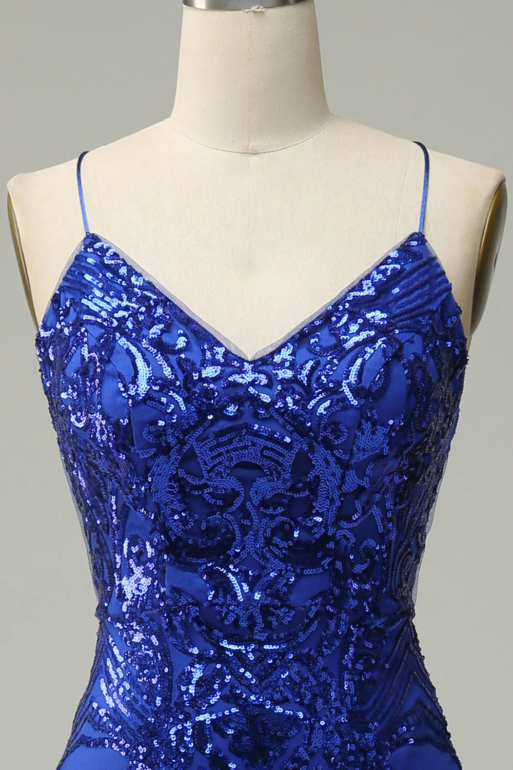 Amzcw Mermaid Spaghetti Straps Royal Blue Sequins Long Prom Dress with Criss Cross Back