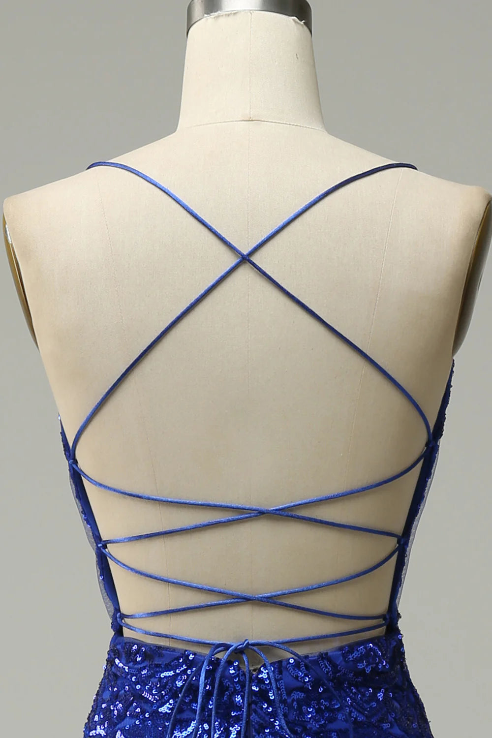 Amzcw Mermaid Spaghetti Straps Royal Blue Sequins Long Prom Dress with Criss Cross Back