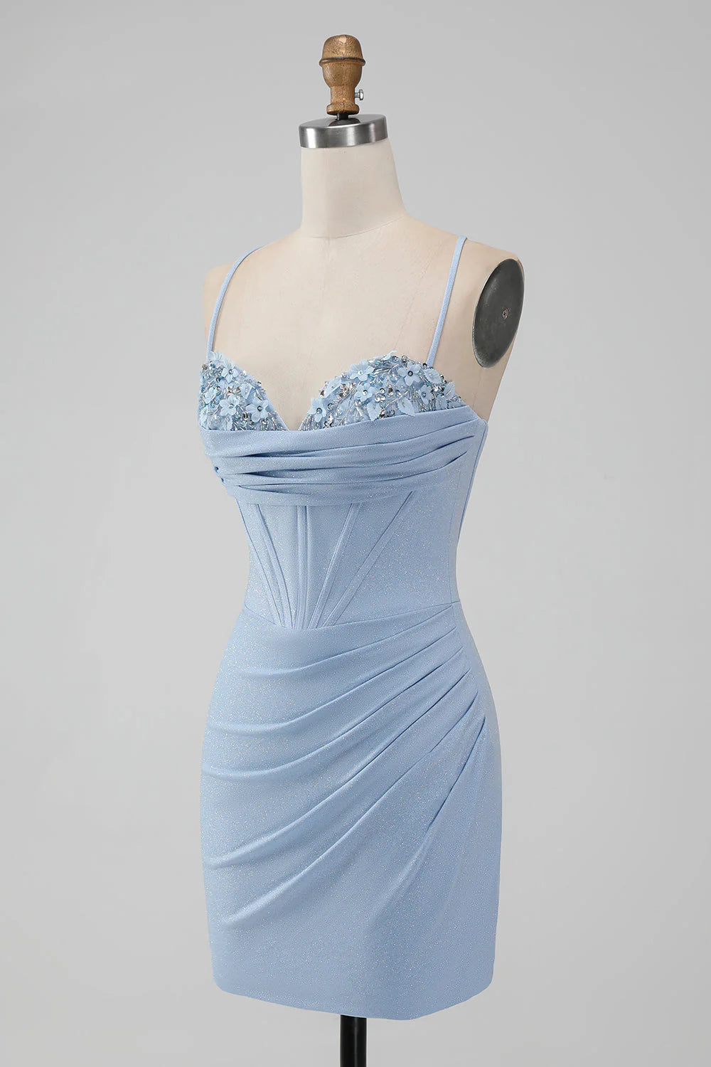 Amzcw Light Blue Bodycon Spaghetti Straps Corset Short Homecoming Dress