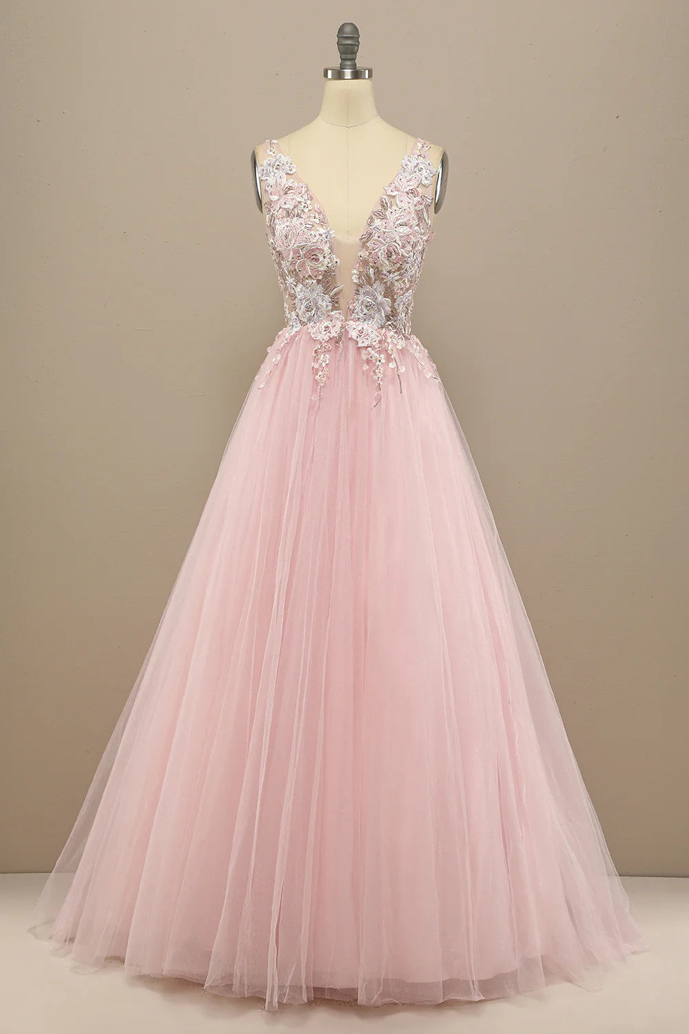Gorgeous Deep V Neck Grey/Pink Prom Dress with Appliques