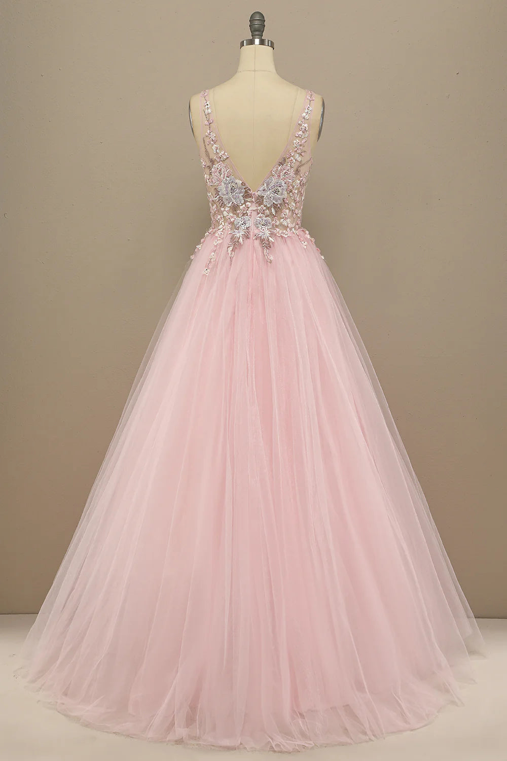 Gorgeous Deep V Neck Grey/Pink Prom Dress with Appliques