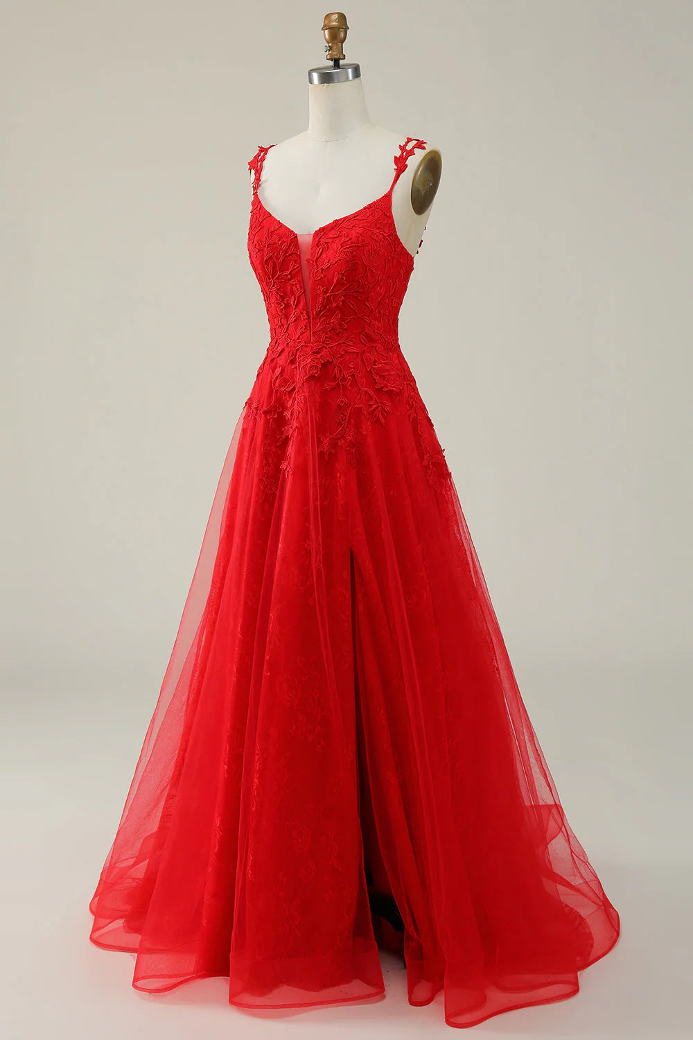 Amzcw A Line Spaghetti Straps Red Long Prom Dress with Appliques