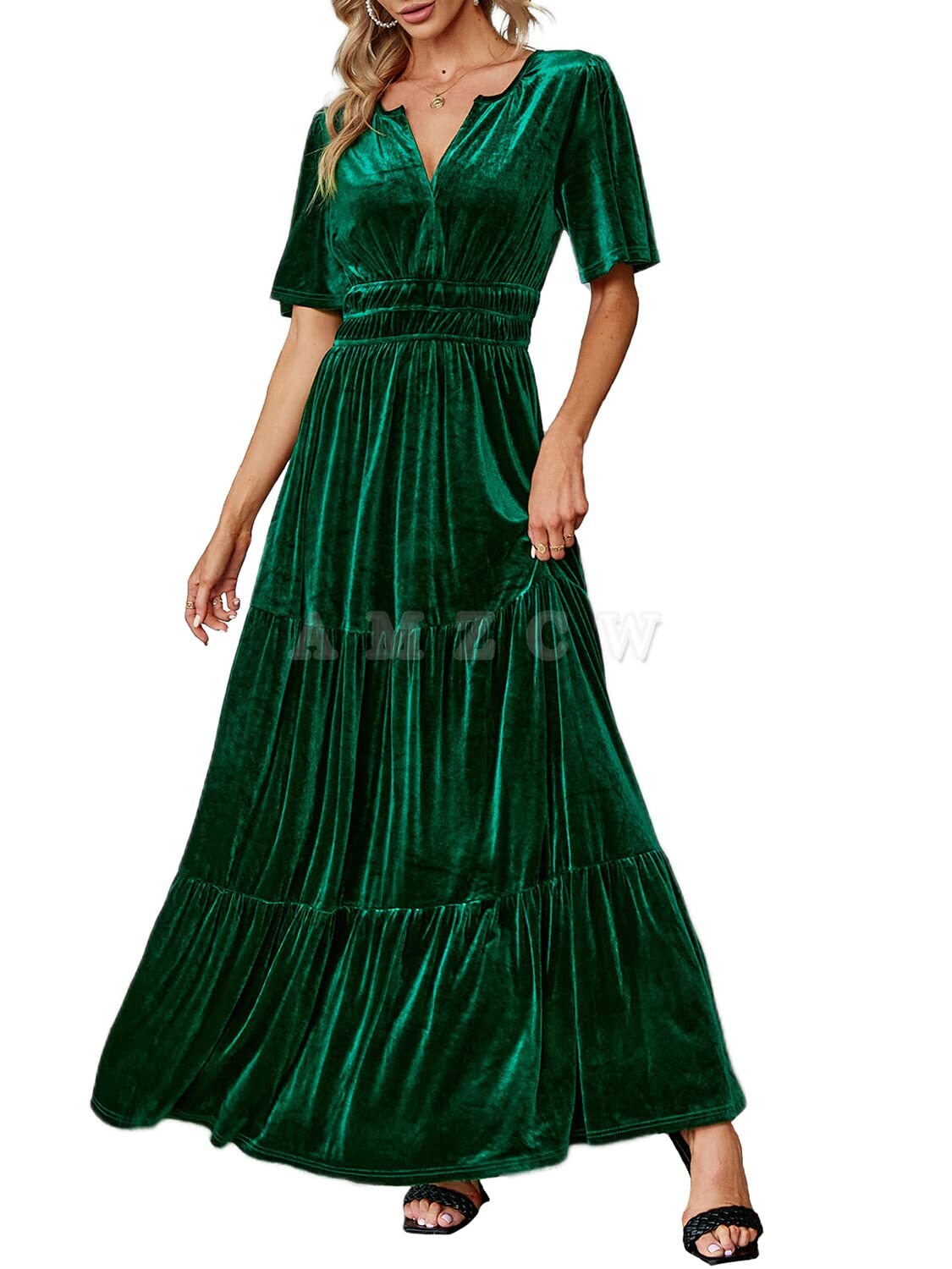 Amzcw Women's Velvet Short Sleeve V Neck Formal Wedding Guest Maxi Dresses Fall Evening Party Long Dresses dresses evening wear
