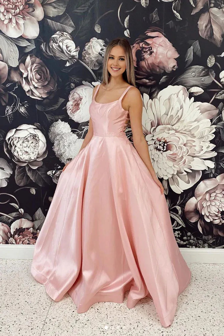 Simple pink satin long prom dress, pink long bridesmaid dress main image 0