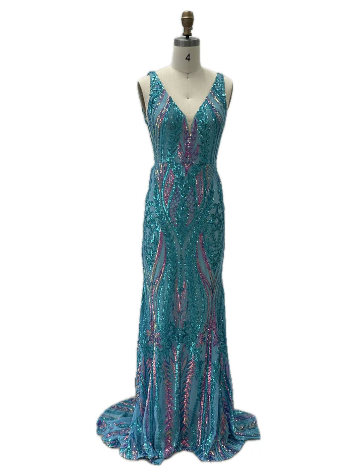 Trumpet/Mermaid V-Neck Sleeveless Floor-Length Long Prom Floral Dresses With Sequins