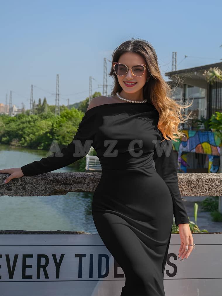 Amzcw Women's Sexy Elegant Long Sleeve Off Shoulder Bodycon Long Evening Formal Dress dresses evening wear