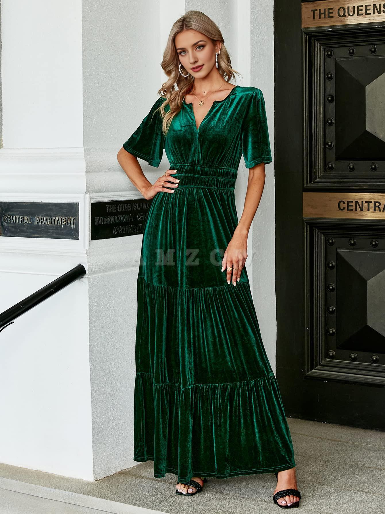 Amzcw Women's Velvet Short Sleeve V Neck Formal Wedding Guest Maxi Dresses Fall Evening Party Long Dresses dresses evening wear