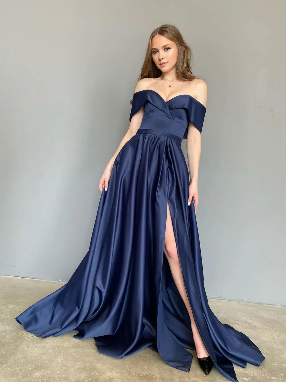 Amzcw Simple blue off shoulder satin long prom dress blue evening dress prom dresses shops