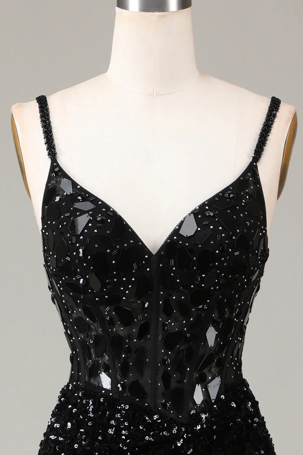 Amzcw Sheath Spaghetti Straps Sparkly Sequins Black Prom Dress with Split Front prom dresses with long sleeves
