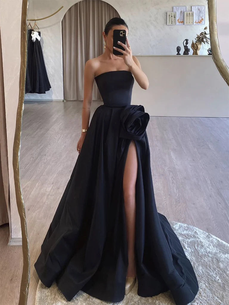 Amzcw A-Line Satin Black Long Prom Dress Black Long Formal Dress prom dress in store 