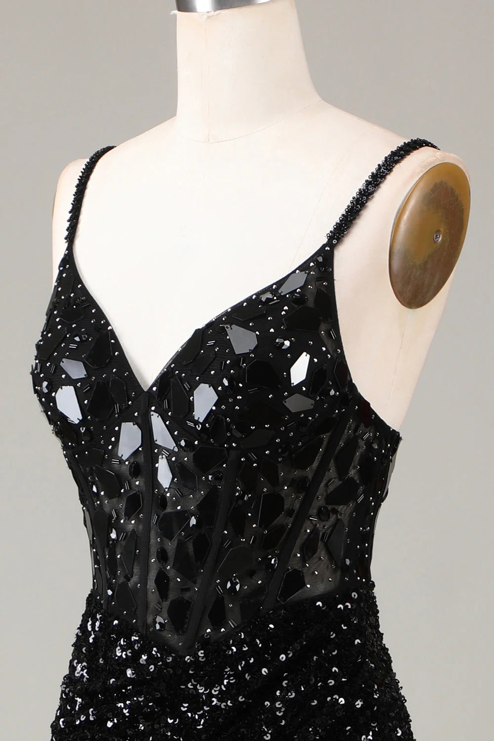 Amzcw Sheath Spaghetti Straps Sparkly Sequins Black Prom Dress with Split Front prom dresses with long sleeves