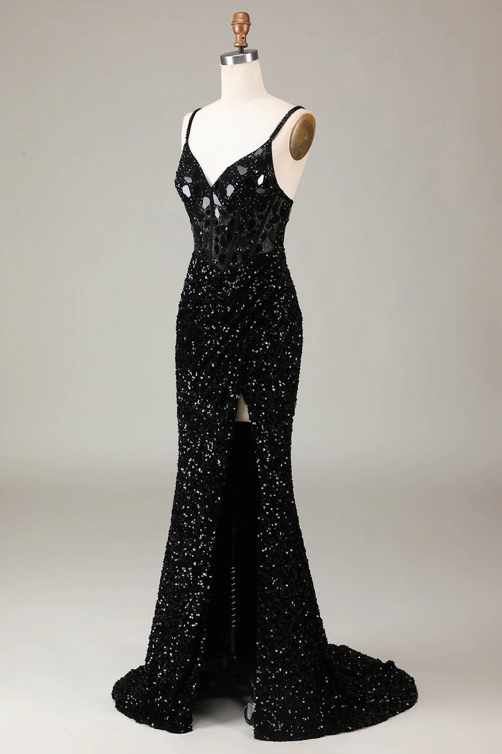 Amzcw Sheath Spaghetti Straps Sparkly Sequins Black Prom Dress with Split Front prom dresses with long sleeves