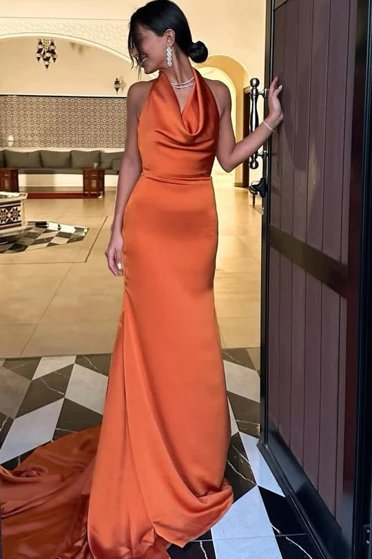 Amzcw Chic Halter Sleeveless Satin Pleated Mermaid Formal Prom Dress with Train