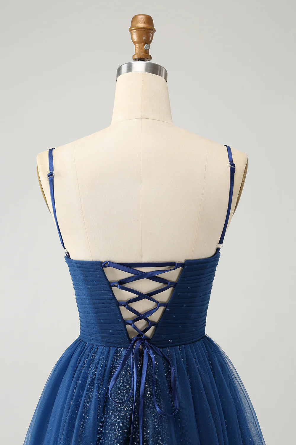 Amzcw Glitter Navy A Line Spaghetti Straps Pleated Tulle Short Homecoming Dress with Sequins