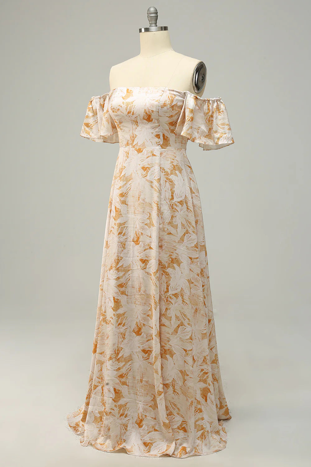 Amzcw A Line Off the Shoulder Yellow Flower Printed Plus Size Bridesmaid Dress