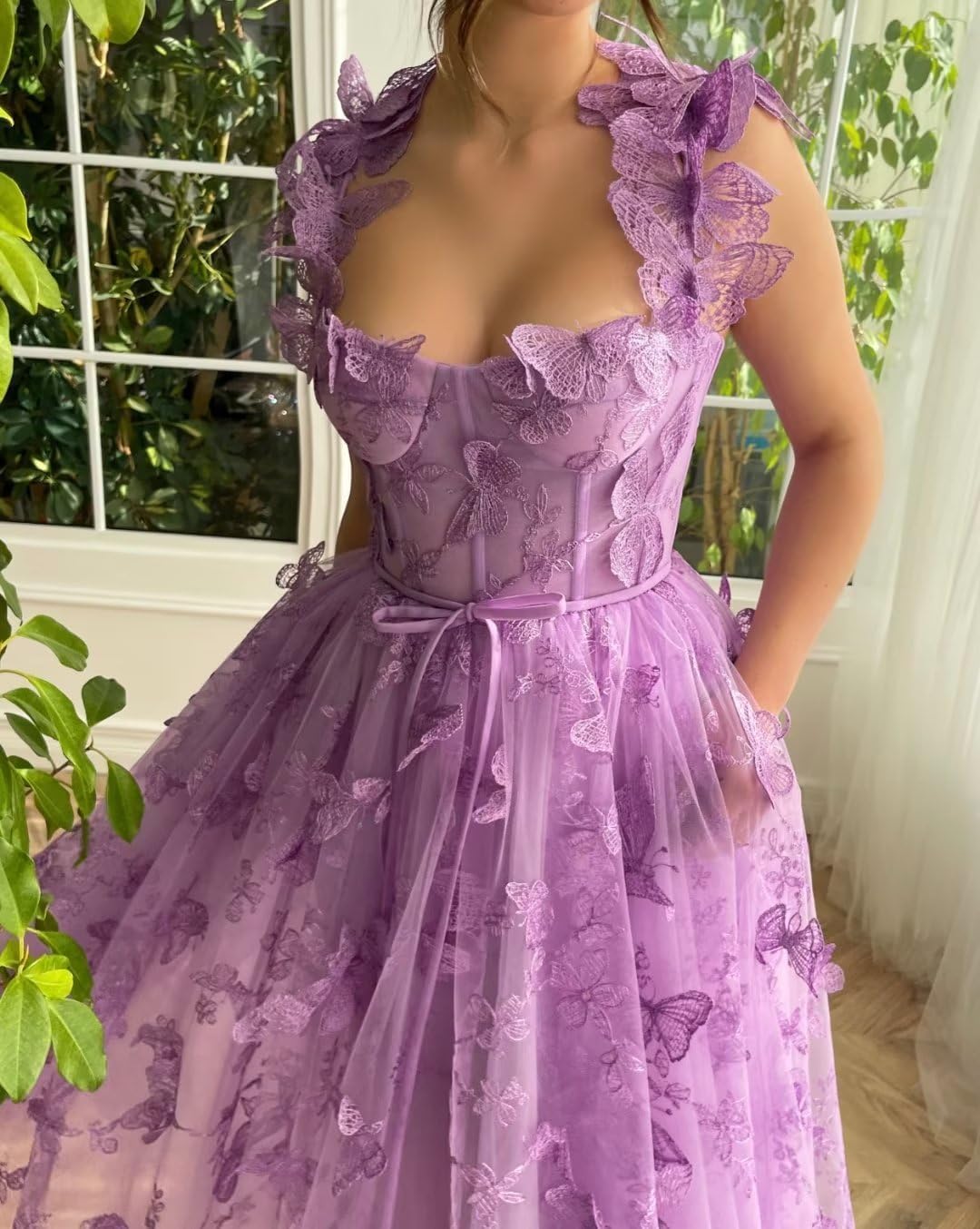 A-Line Prom Dresses Elegant Dress Formal Sweep / Brush Train Sleeveless Square Neck Tulle with Pleats Slit Appliques 3D Butterflies Dress