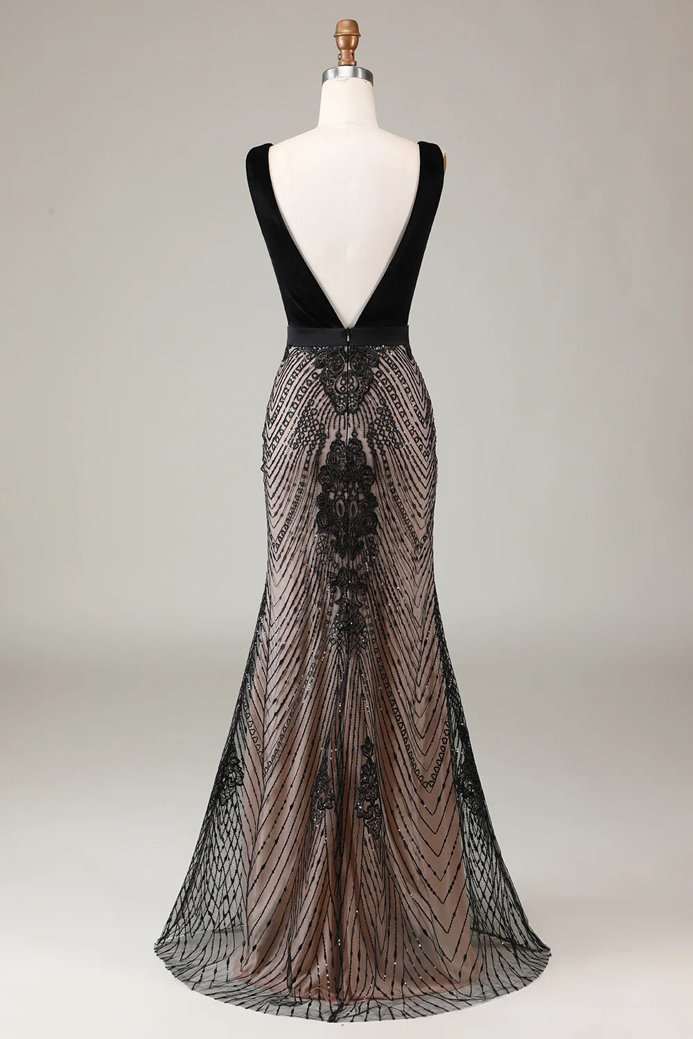 Amzcw Mermaid Deep V Neck Black Long Prom Dress with Open Back