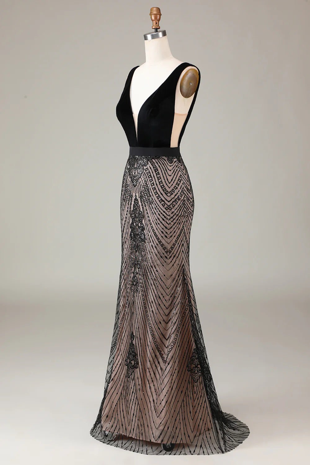 Amzcw Mermaid Deep V Neck Black Long Prom Dress with Open Back