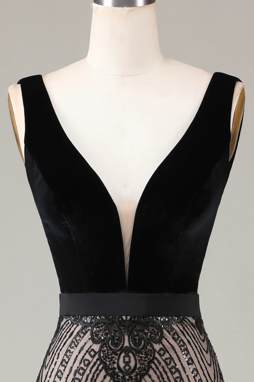 Amzcw Mermaid Deep V Neck Black Long Prom Dress with Open Back