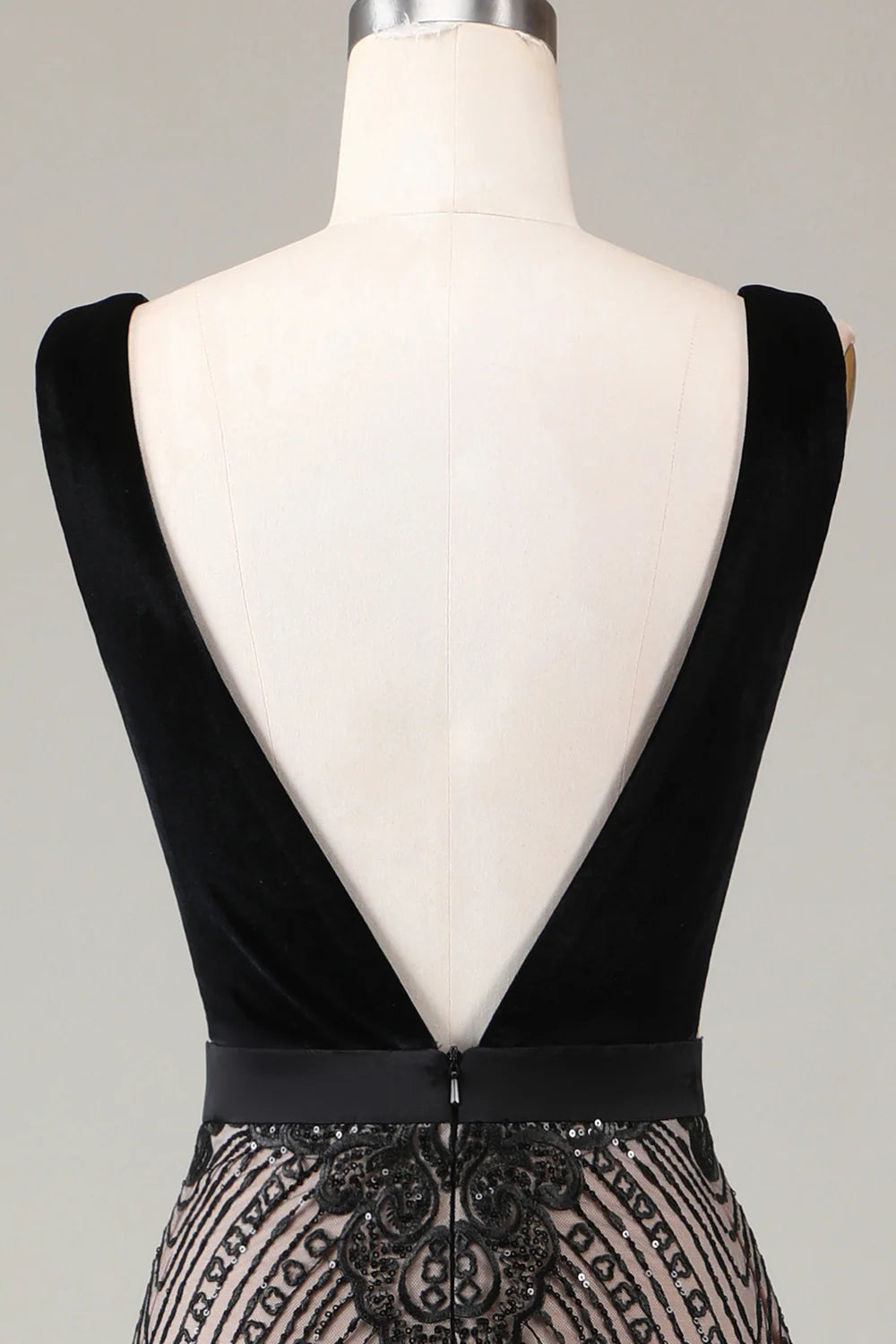 Amzcw Mermaid Deep V Neck Black Long Prom Dress with Open Back
