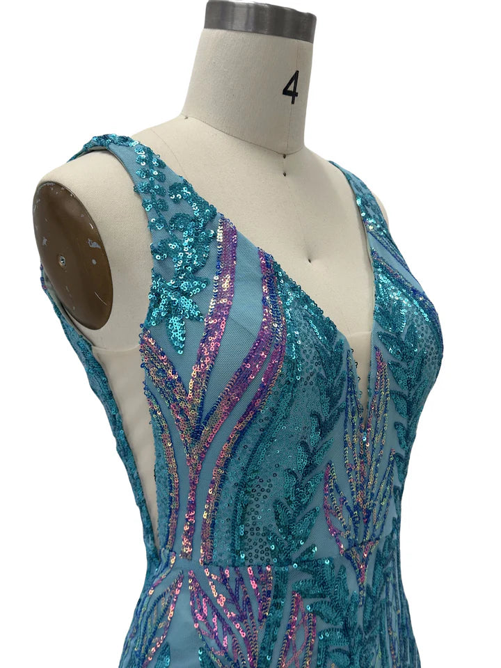 Trumpet/Mermaid V-Neck Sleeveless Floor-Length Long Prom Floral Dresses With Sequins