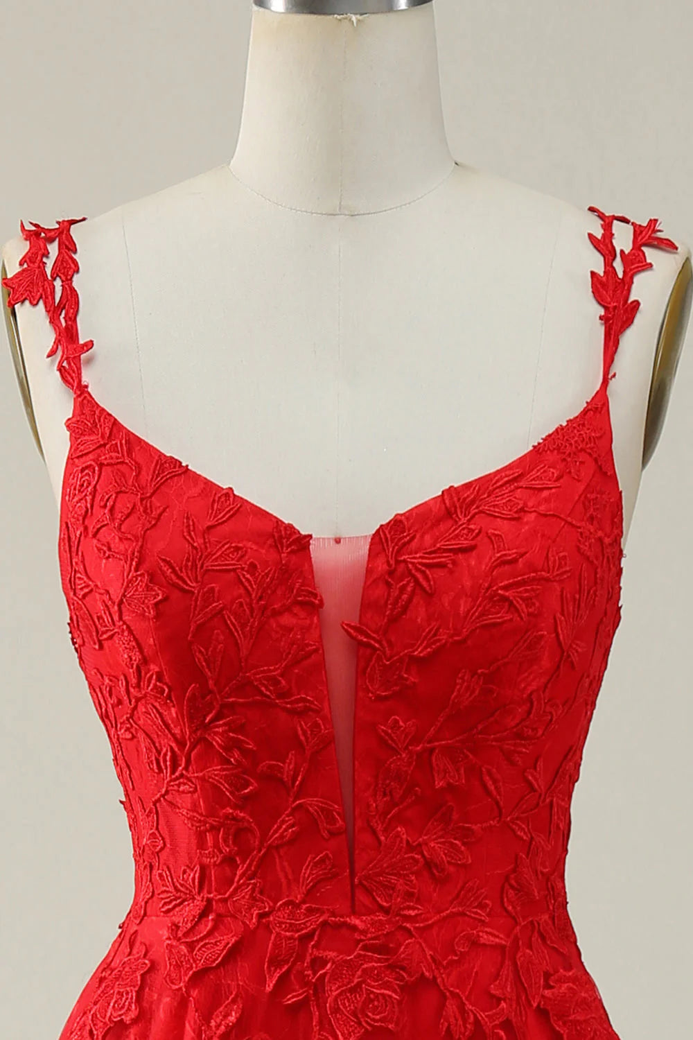 Amzcw A Line Spaghetti Straps Red Long Prom Dress with Appliques