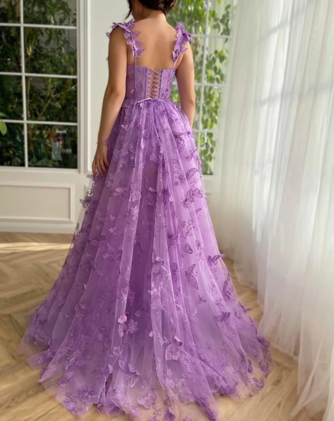 A-Line Prom Dresses Elegant Dress Formal Sweep / Brush Train Sleeveless Square Neck Tulle with Pleats Slit Appliques 3D Butterflies Dress