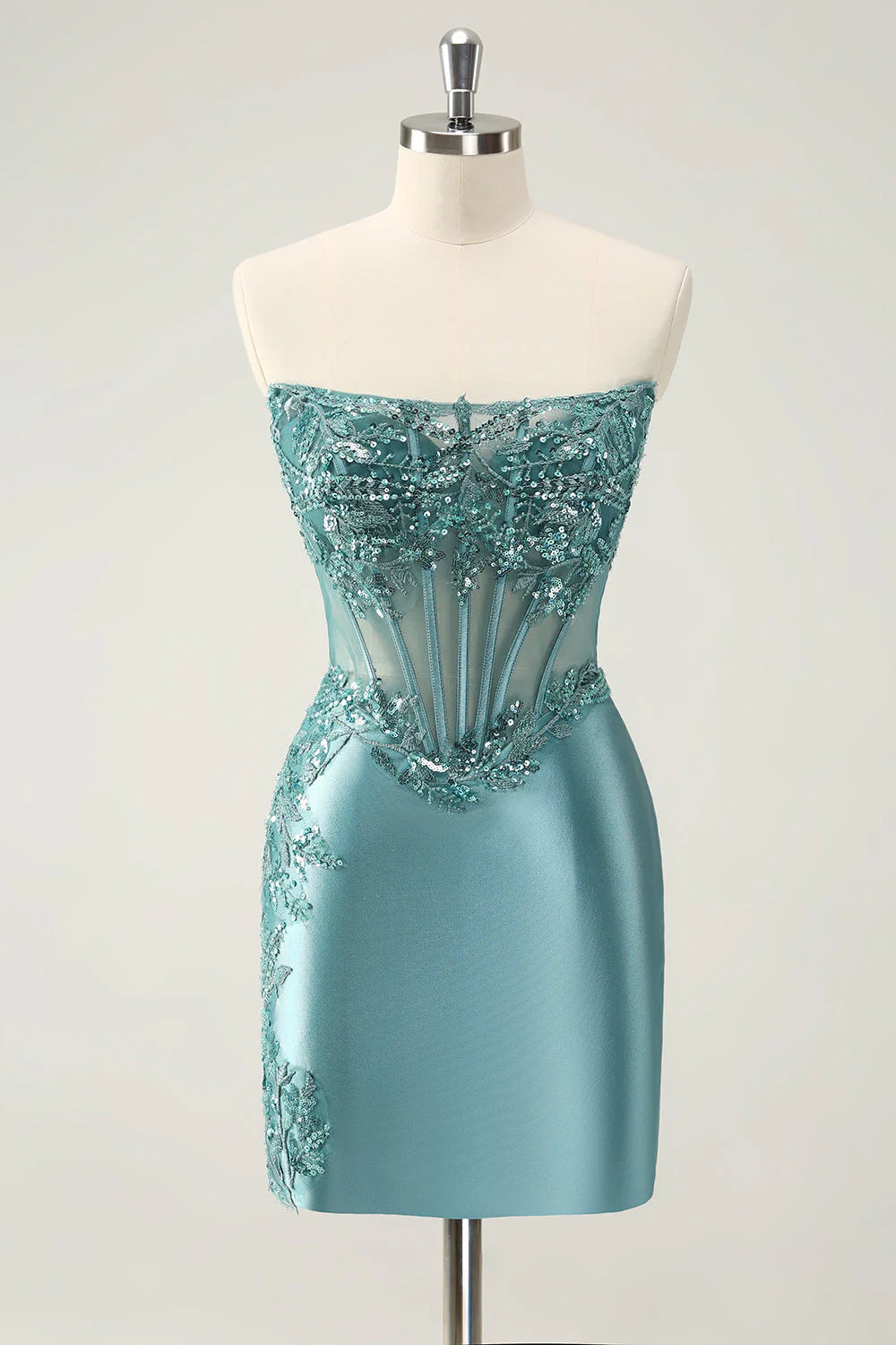 Amzcw Glitter Tight Strapless Corset Short Peacock Blue Homecoming Dress with Appliques