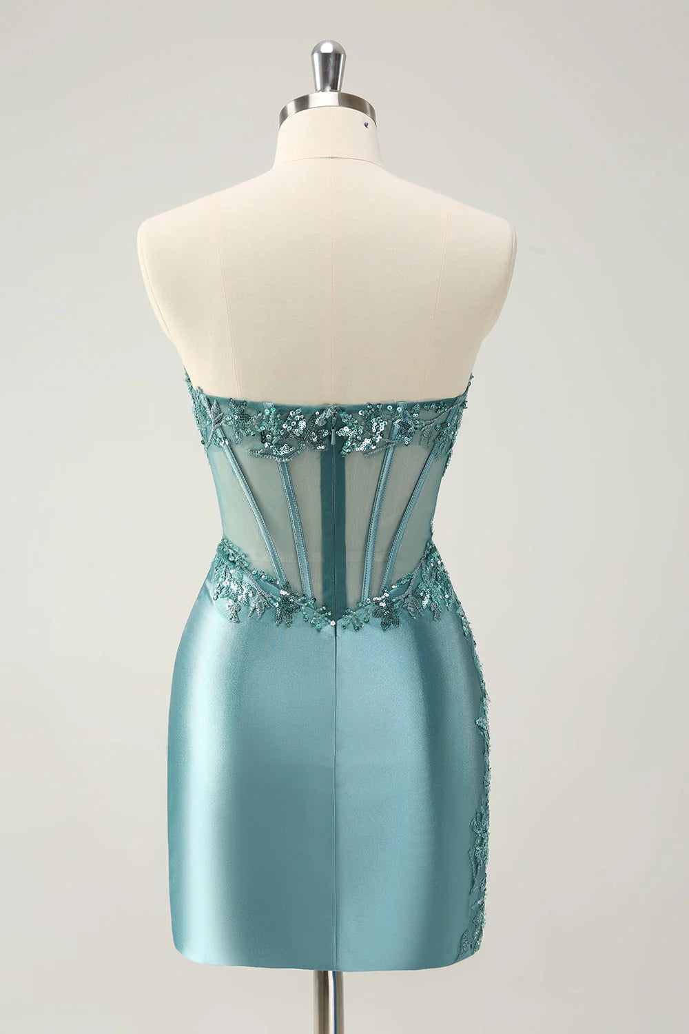 Amzcw Glitter Tight Strapless Corset Short Peacock Blue Homecoming Dress with Appliques