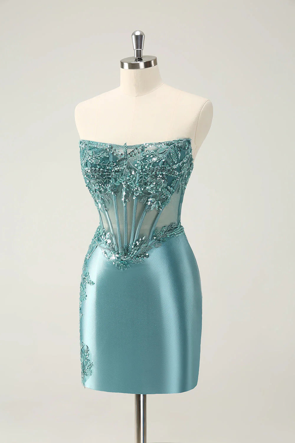 Amzcw Glitter Tight Strapless Corset Short Peacock Blue Homecoming Dress with Appliques