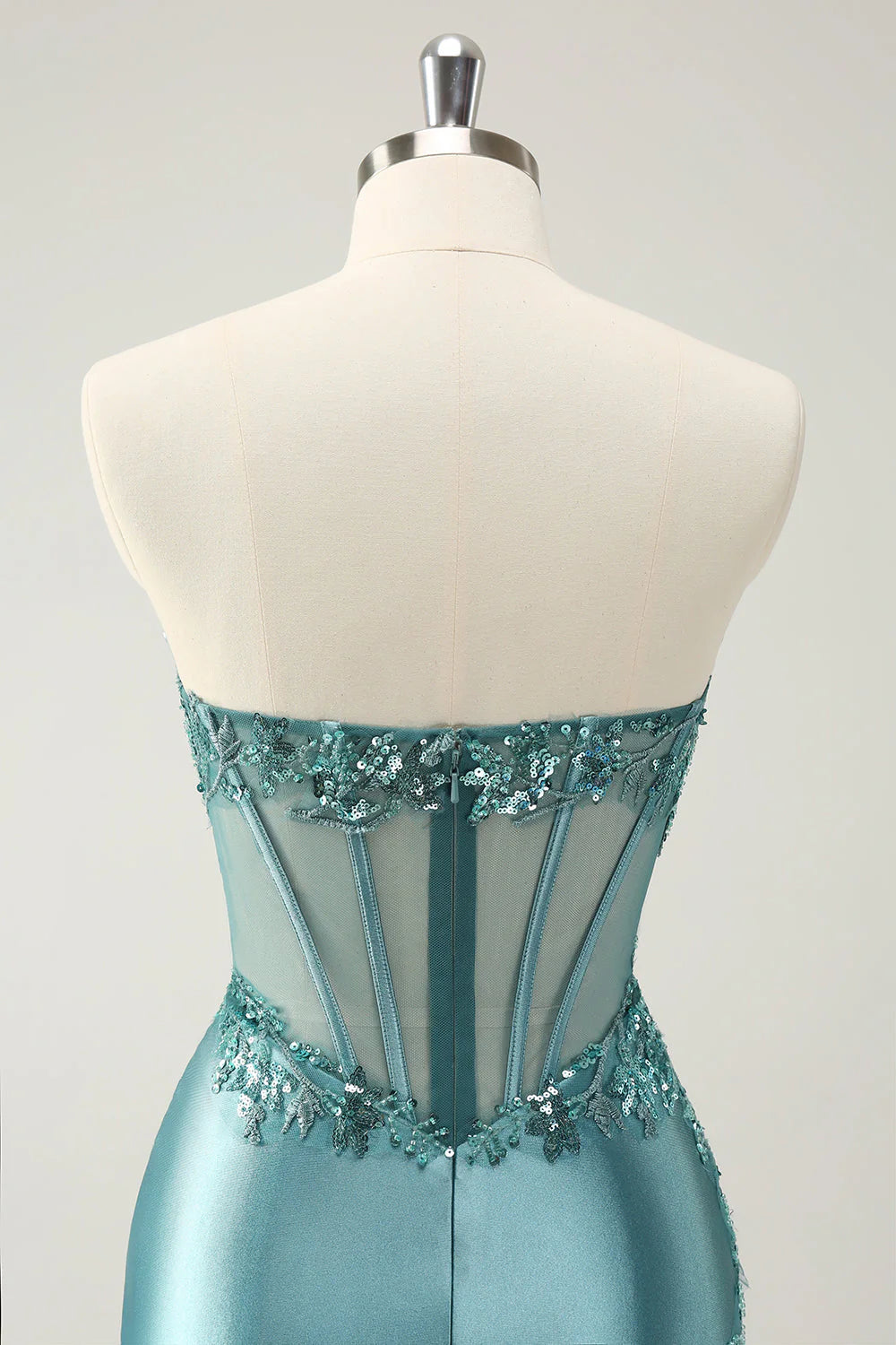 Amzcw Glitter Tight Strapless Corset Short Peacock Blue Homecoming Dress with Appliques