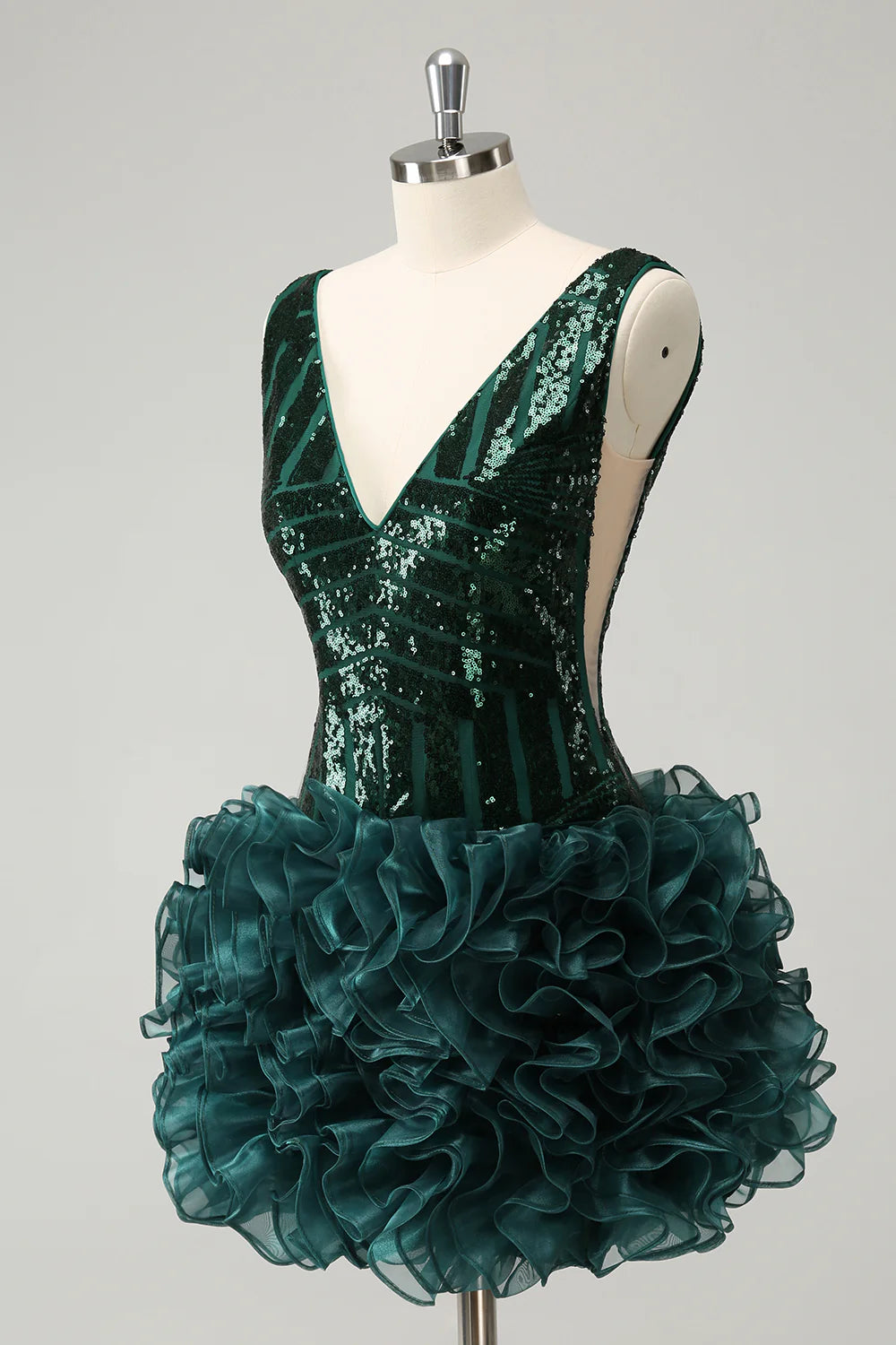 Amzcw Stylish Dark Green Bodycon V Neck Sequin Short Homecoming Dress with Detachable Skirt