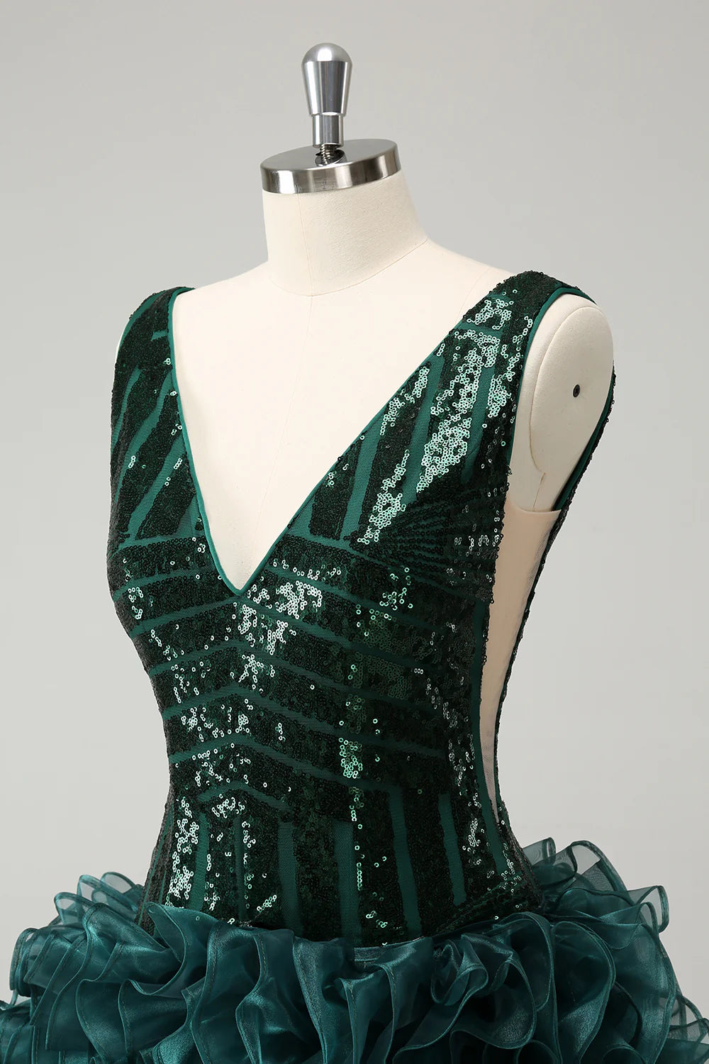 Amzcw Stylish Dark Green Bodycon V Neck Sequin Short Homecoming Dress with Detachable Skirt