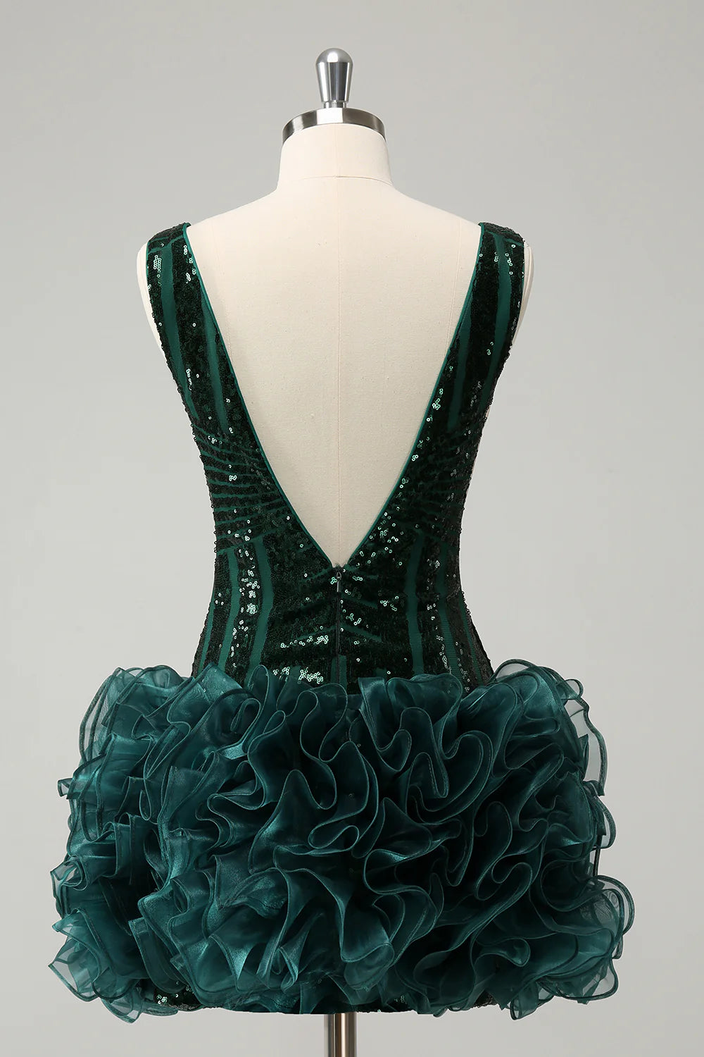 Amzcw Stylish Dark Green Bodycon V Neck Sequin Short Homecoming Dress with Detachable Skirt