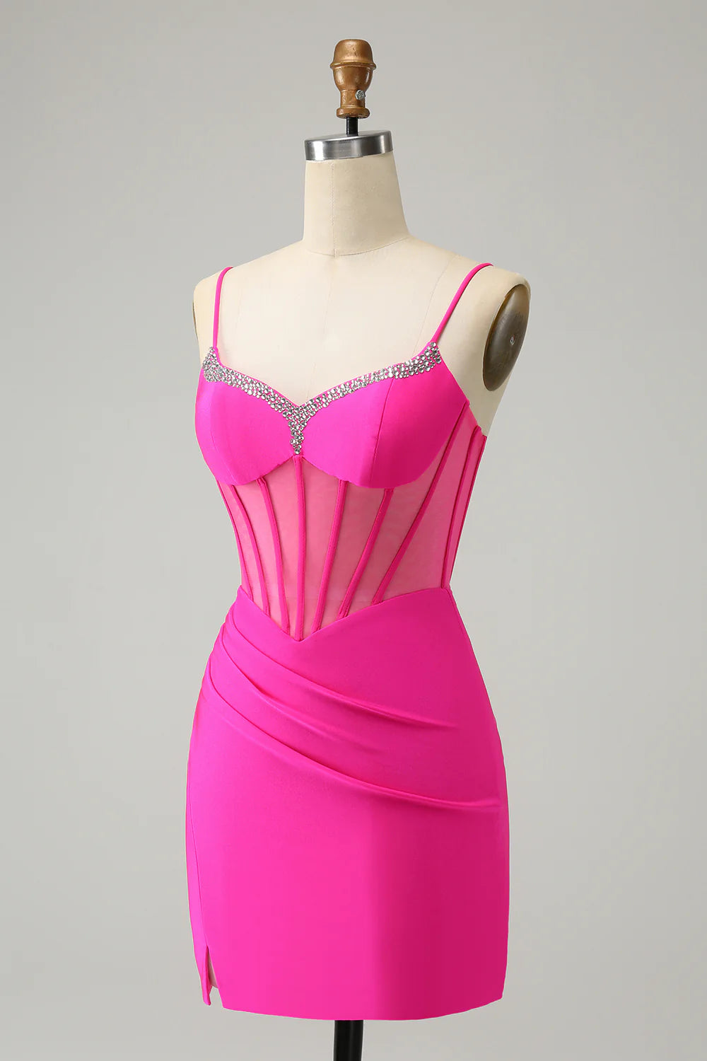 Amzcw Stylish Fuchsia Bodycon Lace Up Back Beaded Corset Short Homecoming Dress with Slit