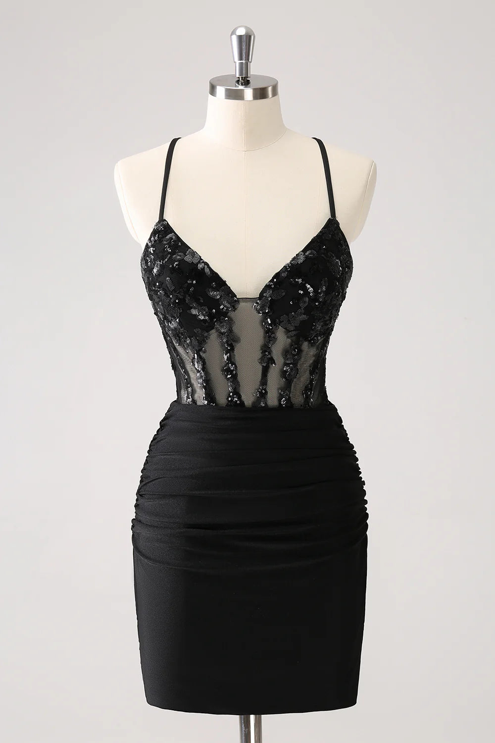 Amzcw Sparkly Unique Black Tight Spaghetti Straps Sequin Homecoming Dress with Lace Up Back