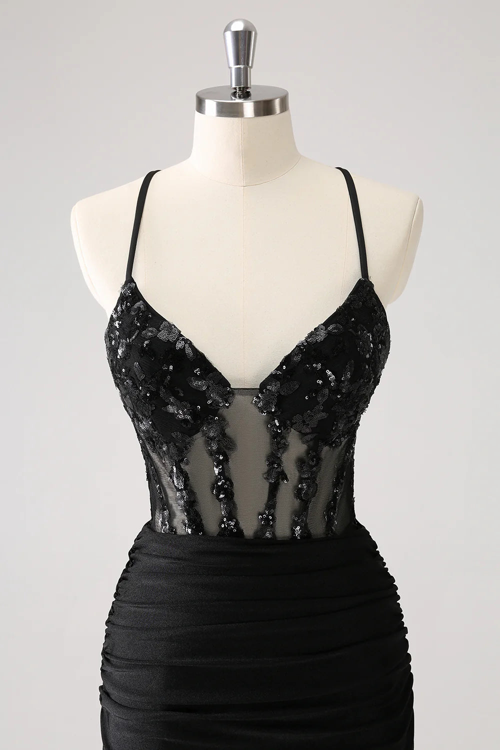 Amzcw Sparkly Unique Black Tight Spaghetti Straps Sequin Homecoming Dress with Lace Up Back