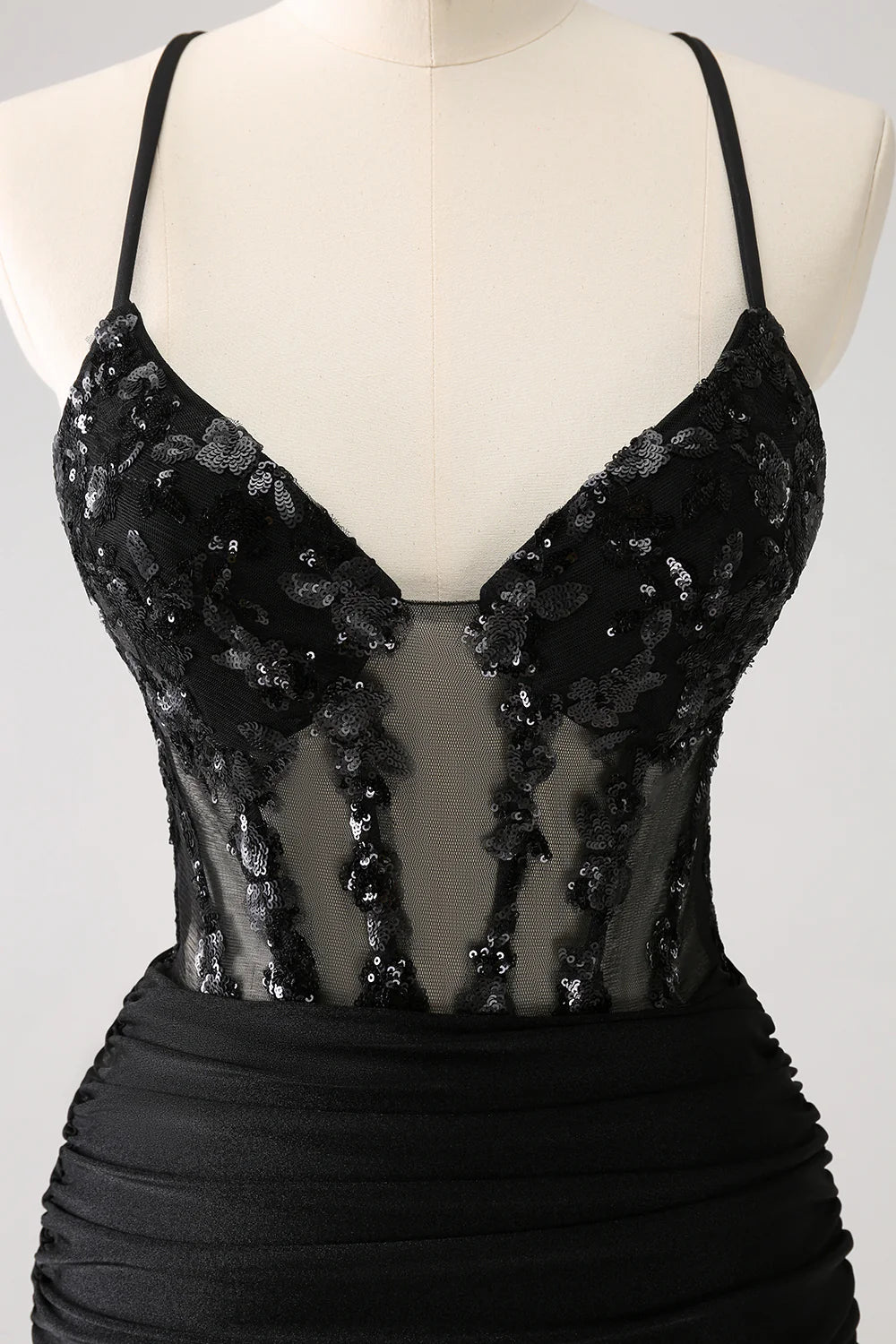 Amzcw Sparkly Unique Black Tight Spaghetti Straps Sequin Homecoming Dress with Lace Up Back