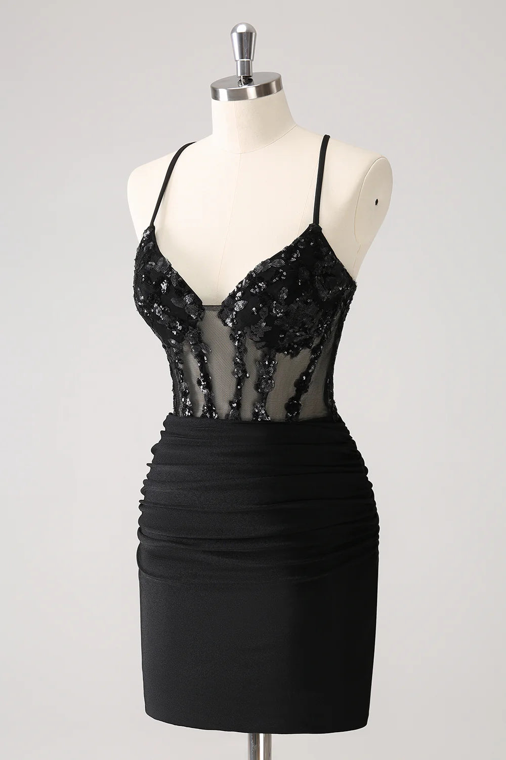 Amzcw Sparkly Unique Black Tight Spaghetti Straps Sequin Homecoming Dress with Lace Up Back