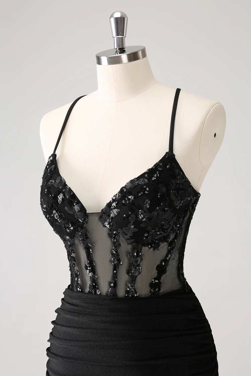 Amzcw Sparkly Unique Black Tight Spaghetti Straps Sequin Homecoming Dress with Lace Up Back