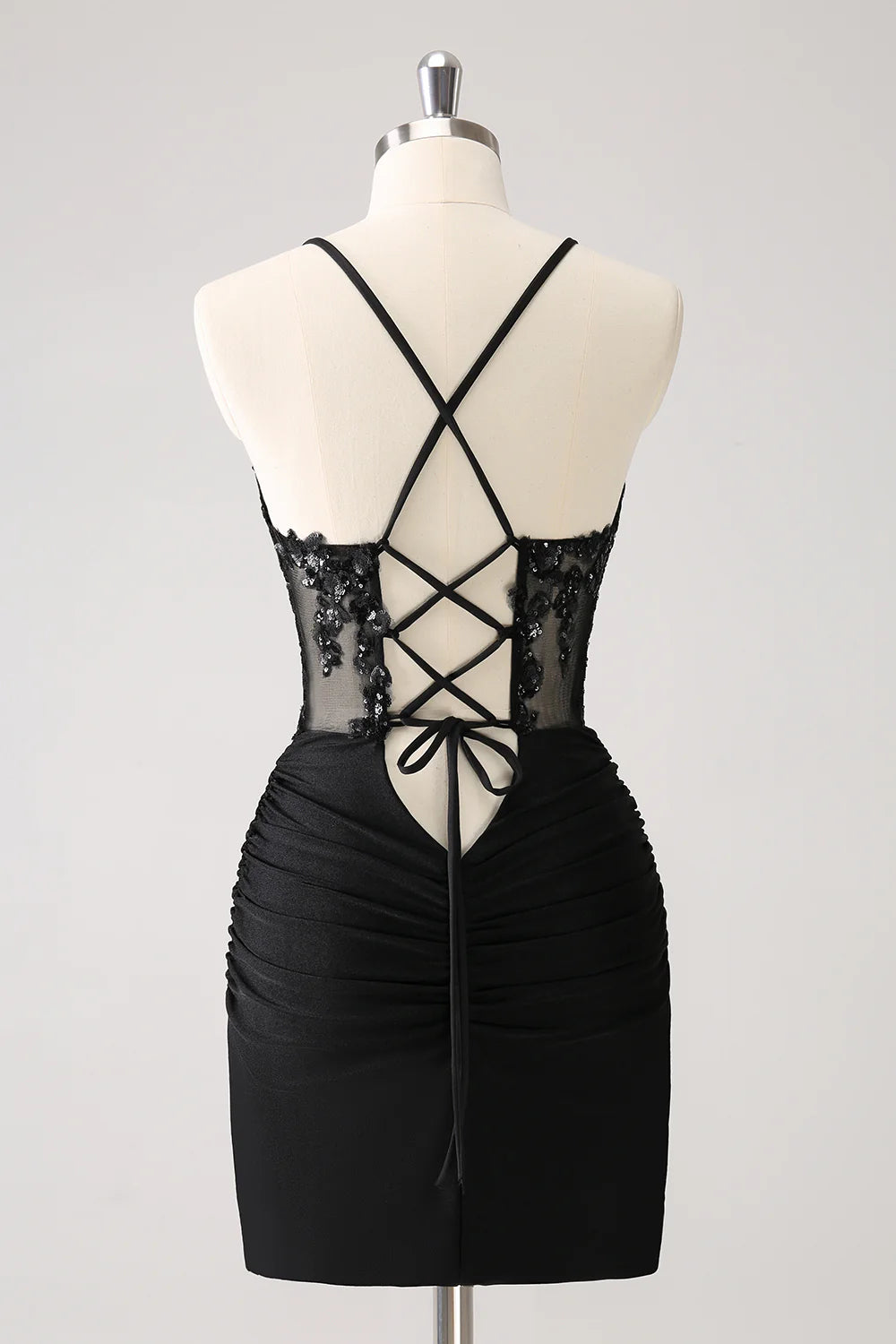 Amzcw Sparkly Unique Black Tight Spaghetti Straps Sequin Homecoming Dress with Lace Up Back